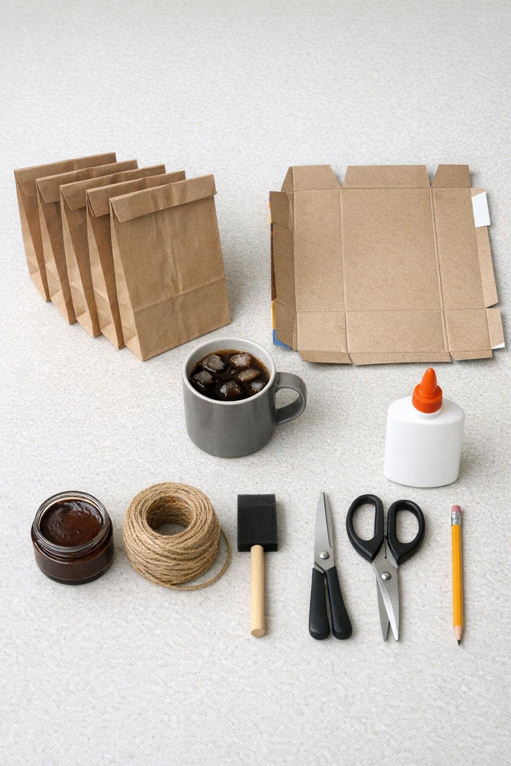 Materials for the paper ornament project laid out on a counter