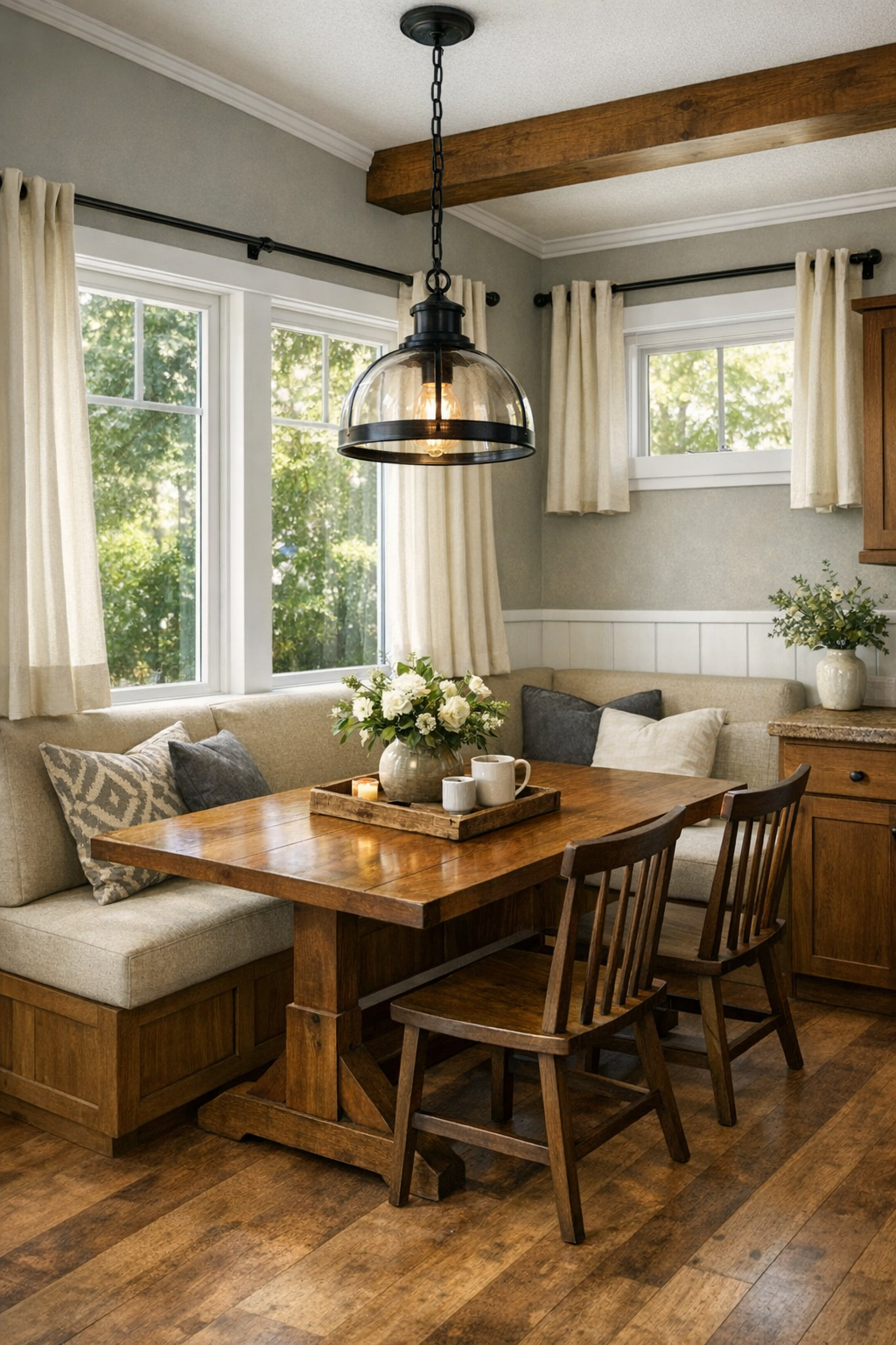 Cozy dining nook with banquette seating and warm wood table