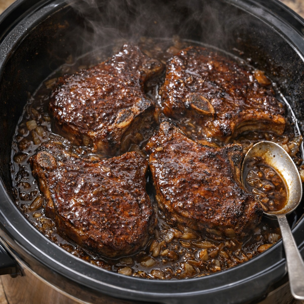 Slow cooker pork chops glazed with dark stout sauce