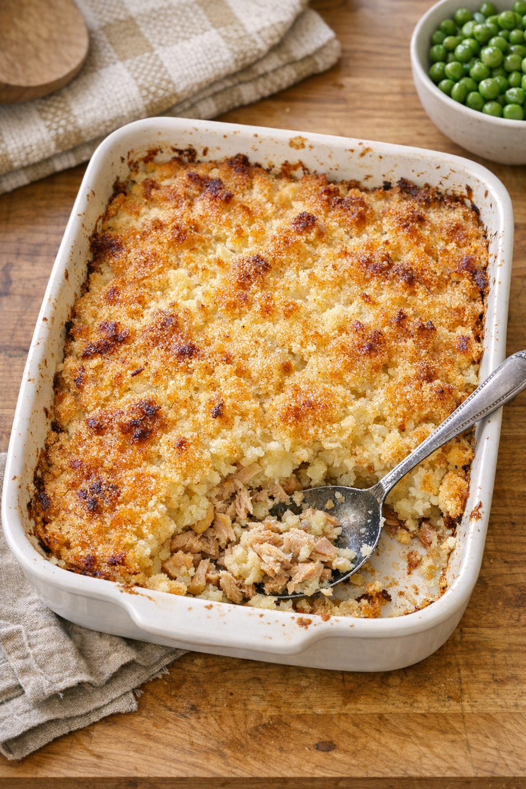 Finished baked tuna and potato casserole in a baking dish
