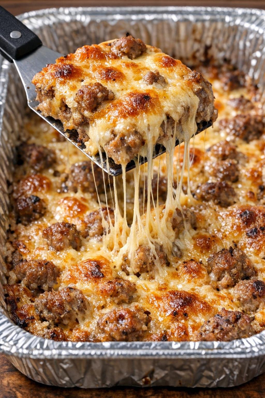 Low carb sausage bake with cheese pull in foil tray