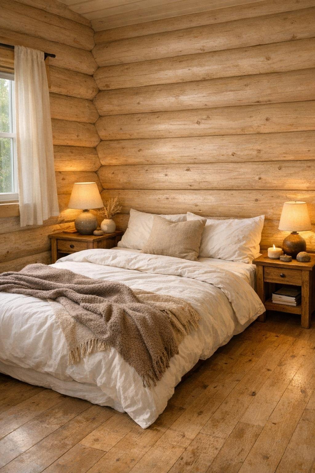 Calm bedroom with beige log walls, white bedding, and soft earth-toned textiles