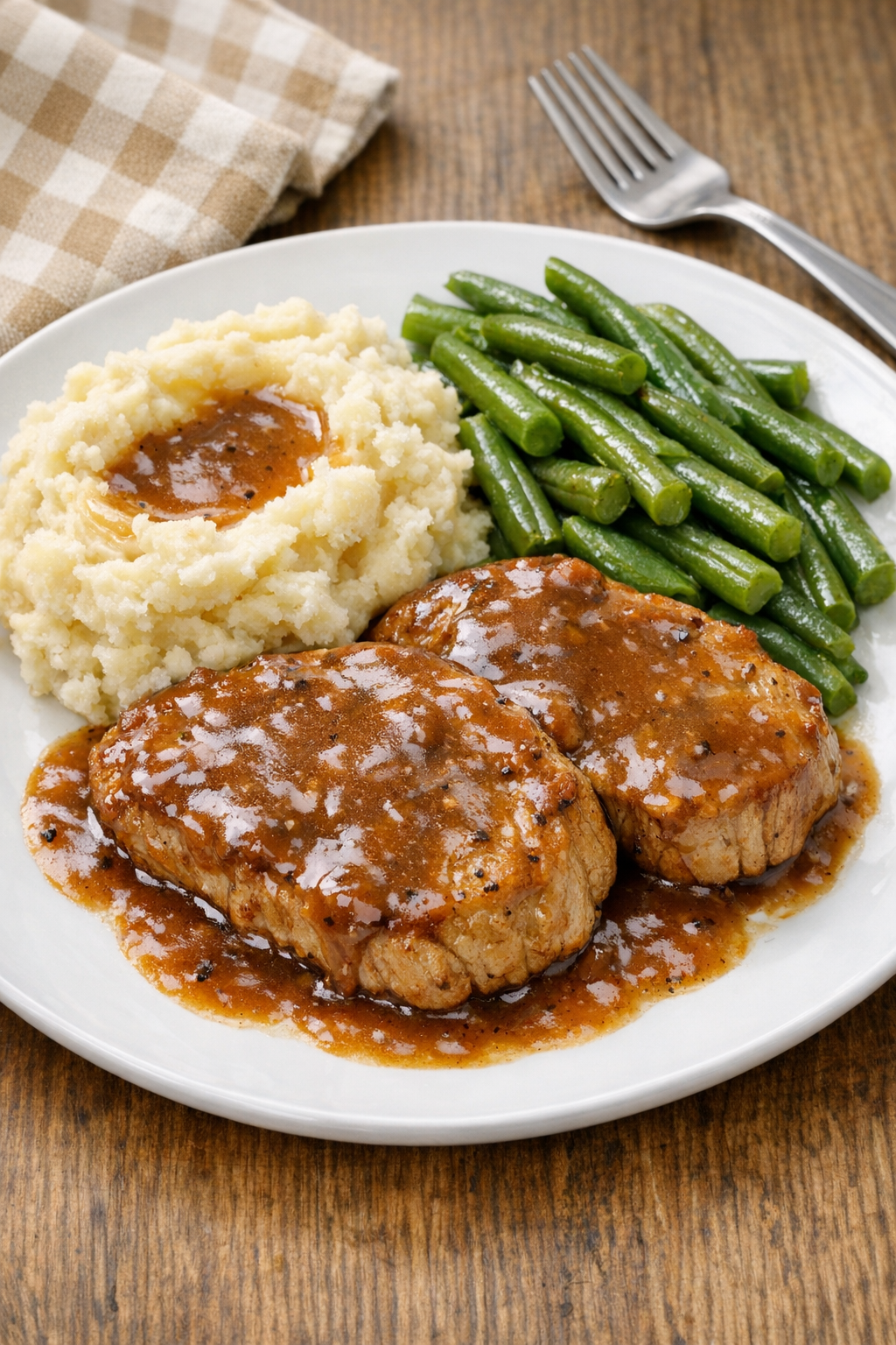 Finished slow cooker pork chops plated with gravy