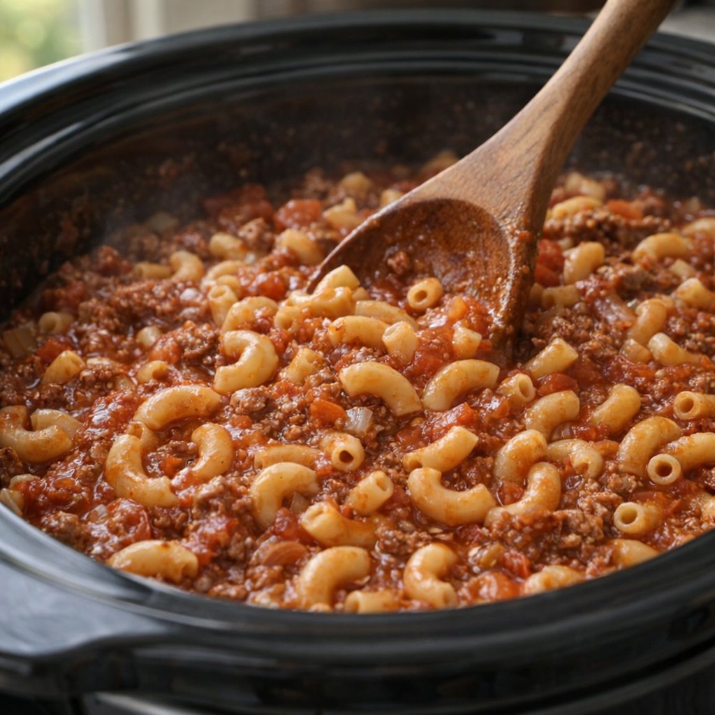 Macaroni stirred into tomato beef mixture