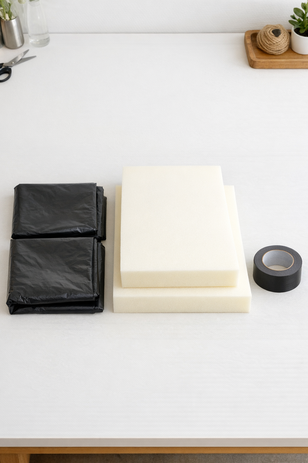 Materials for faux leather patio cushions laid out on a table