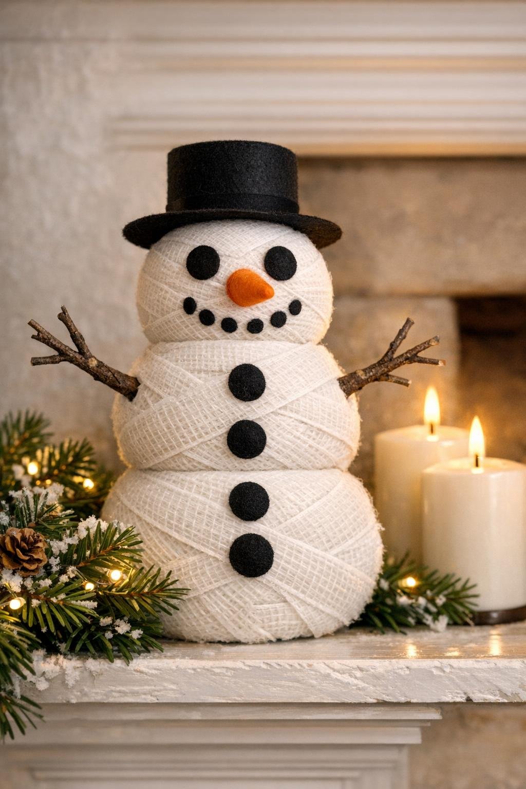 Finished gauze wrapped snowman displayed on a winter mantel