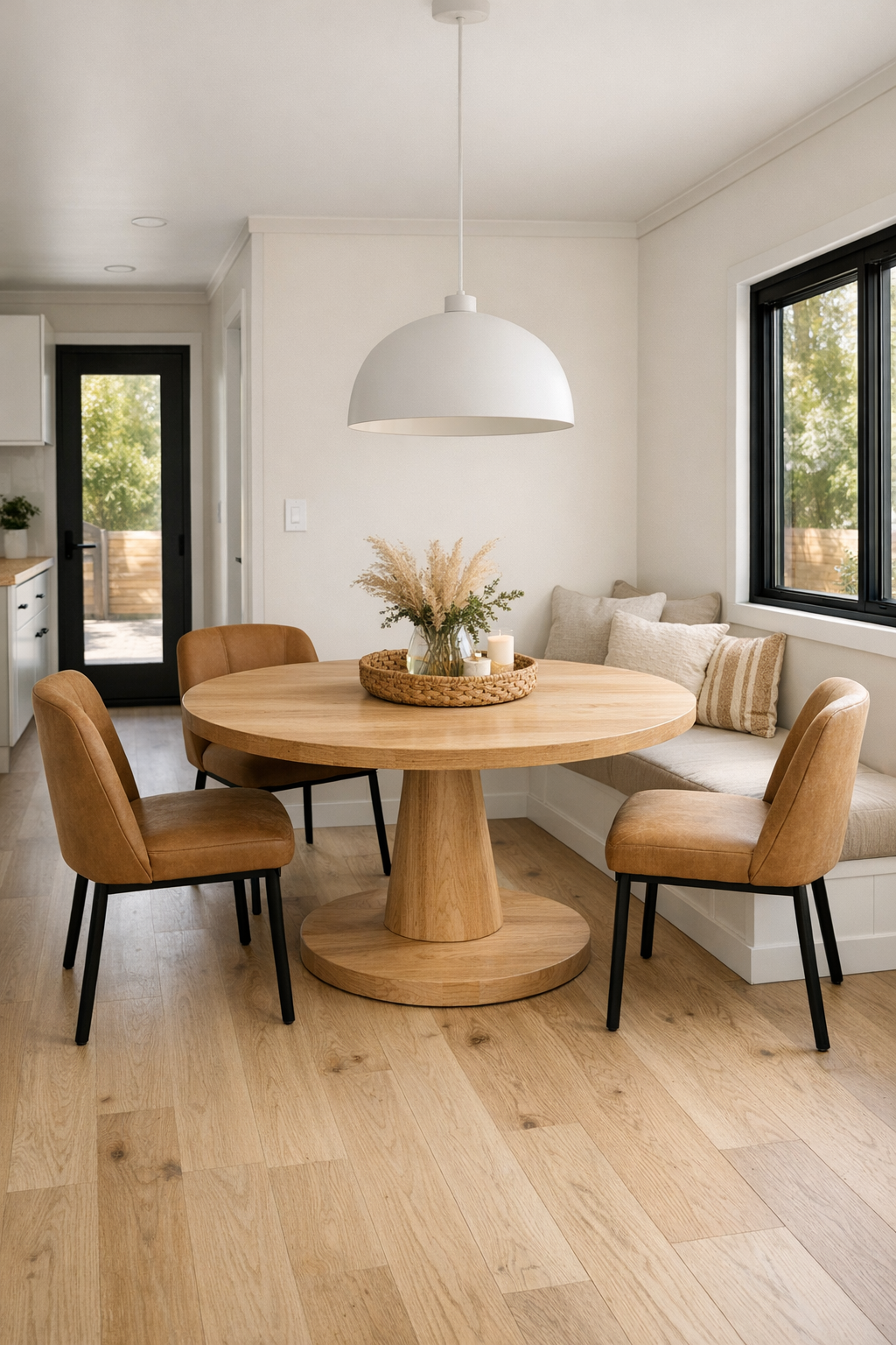 Light-filled dining room with a round wood table and soft camel chairs
