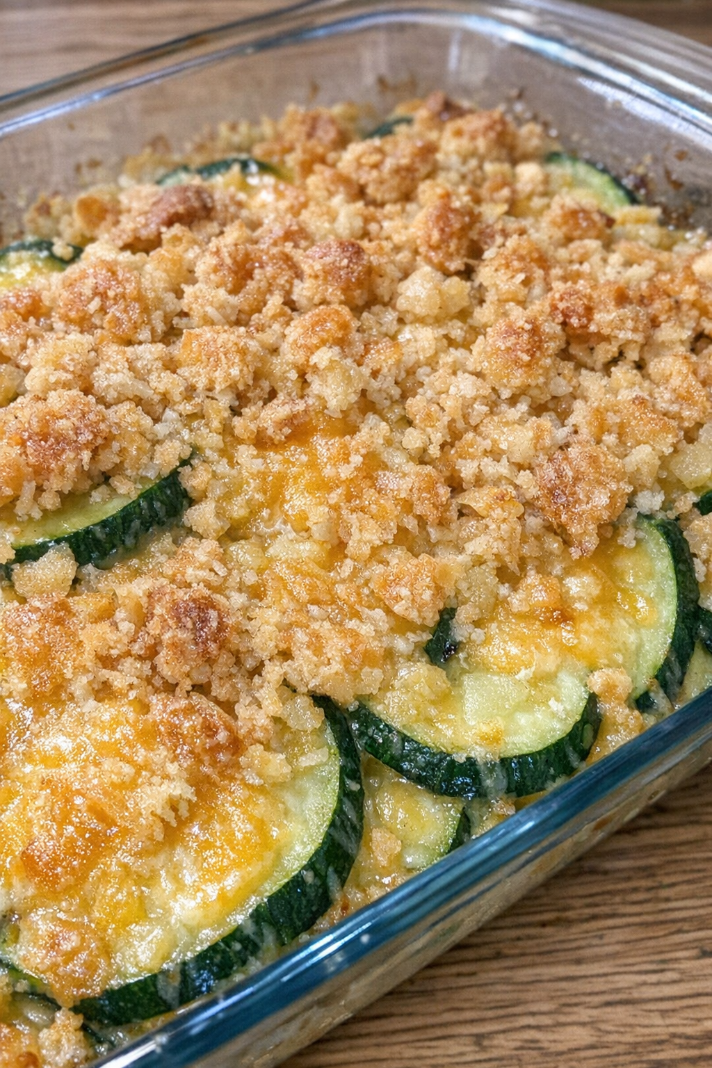 4-ingredient zucchini casserole in a glass baking dish