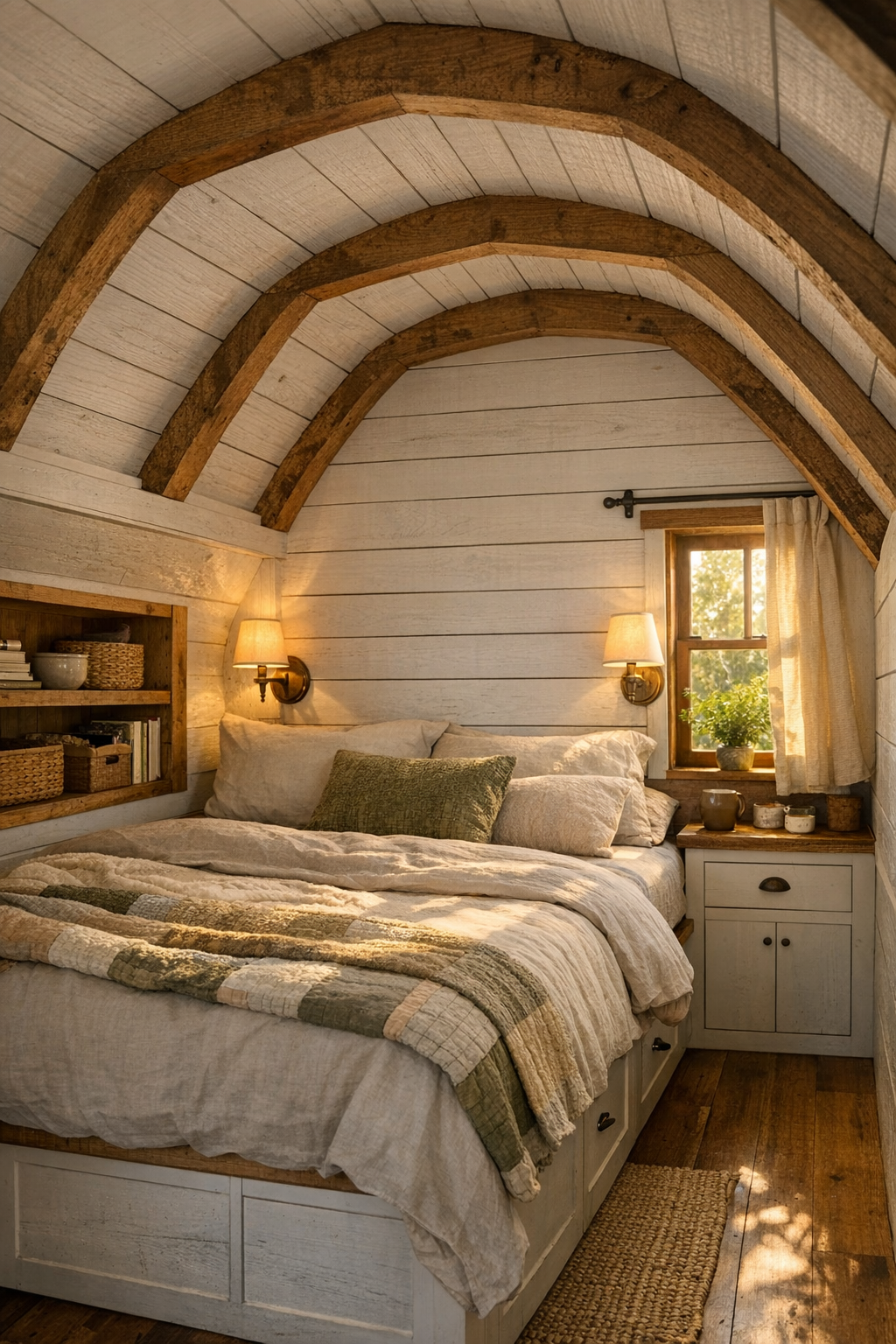 Loft-style bedroom under a gambrel roof with white planked walls, quilted bedding, and built-in storage