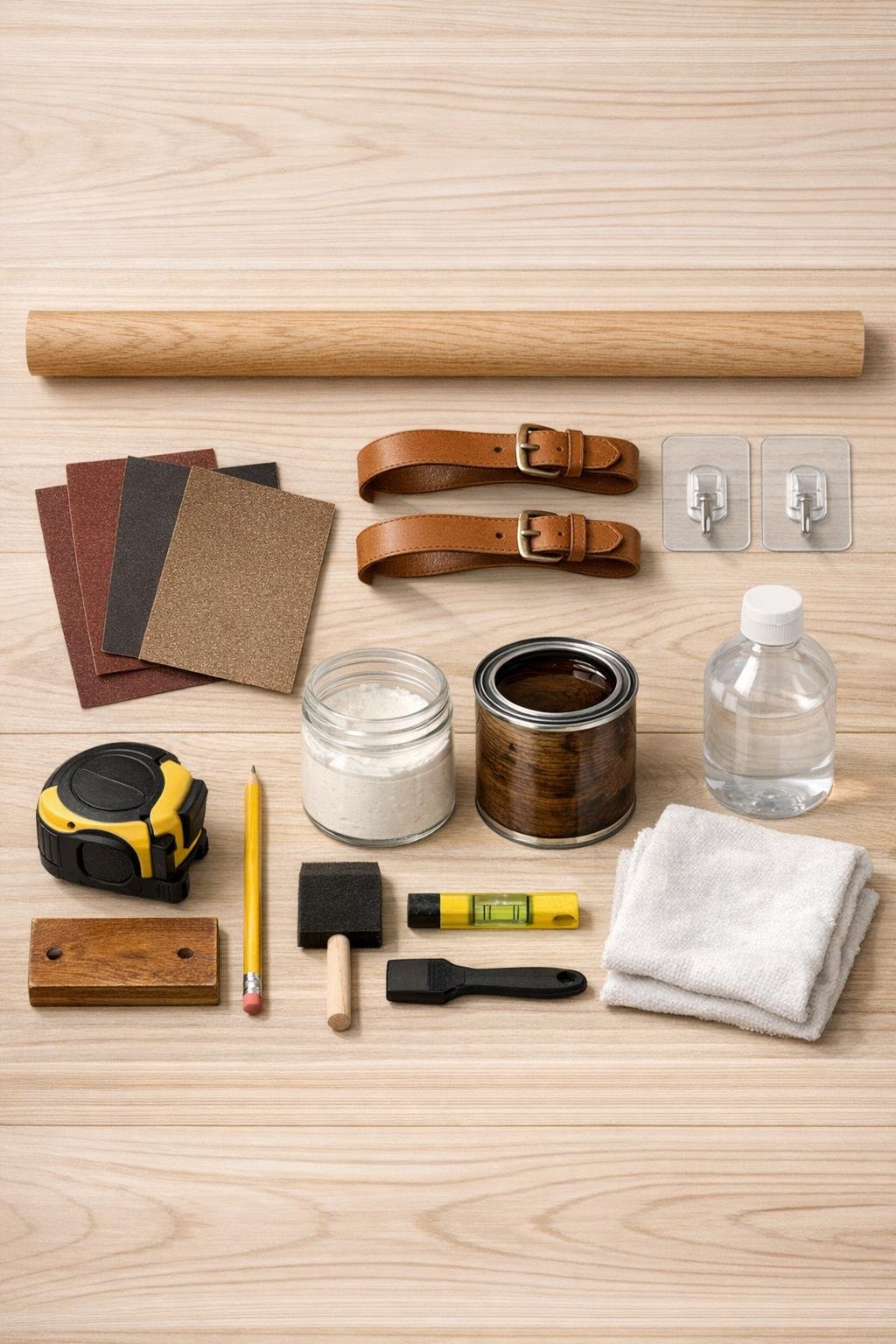 Materials laid out for the hanging bathroom towel shelf