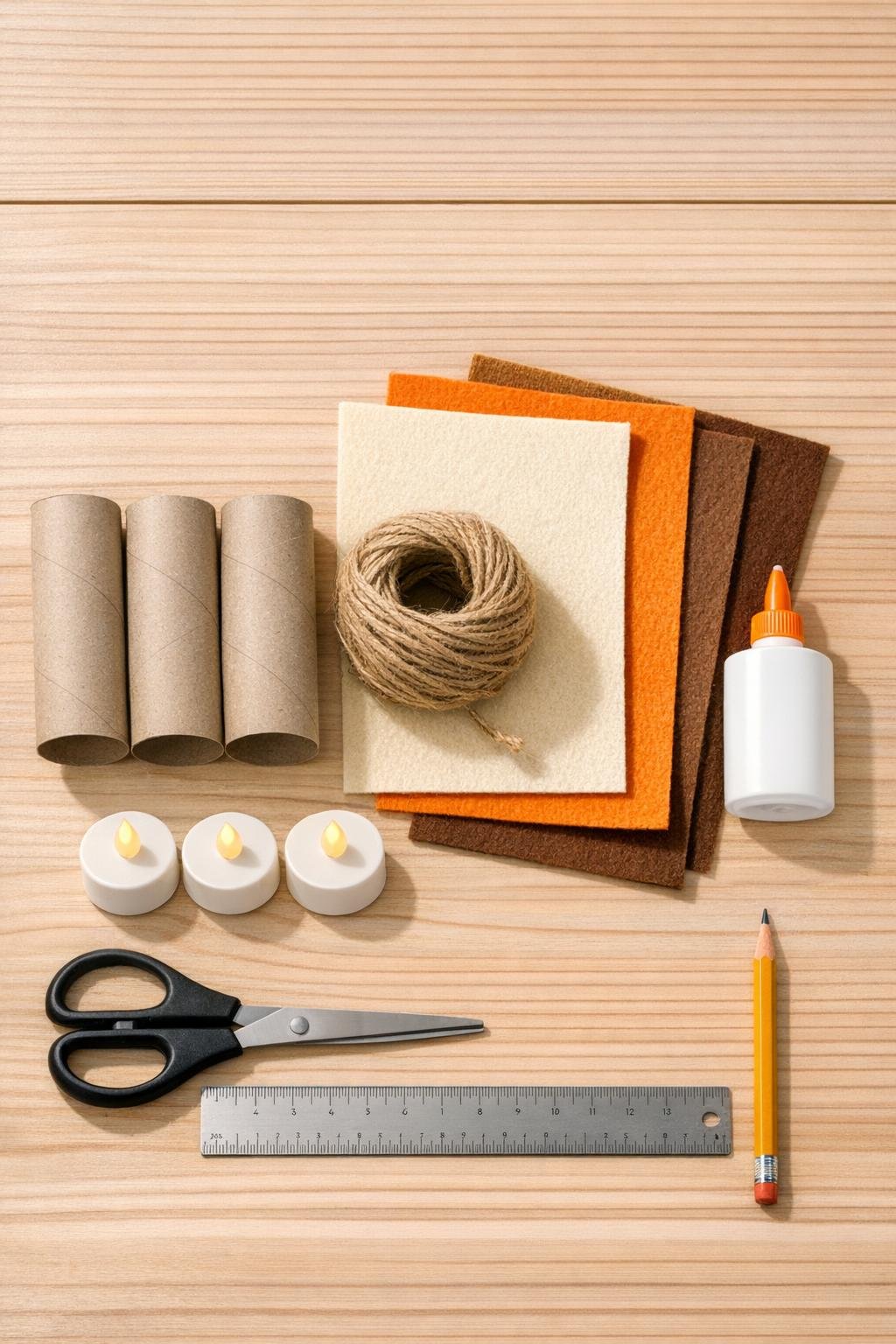 Materials for making three textured harvest luminaries laid out on a table