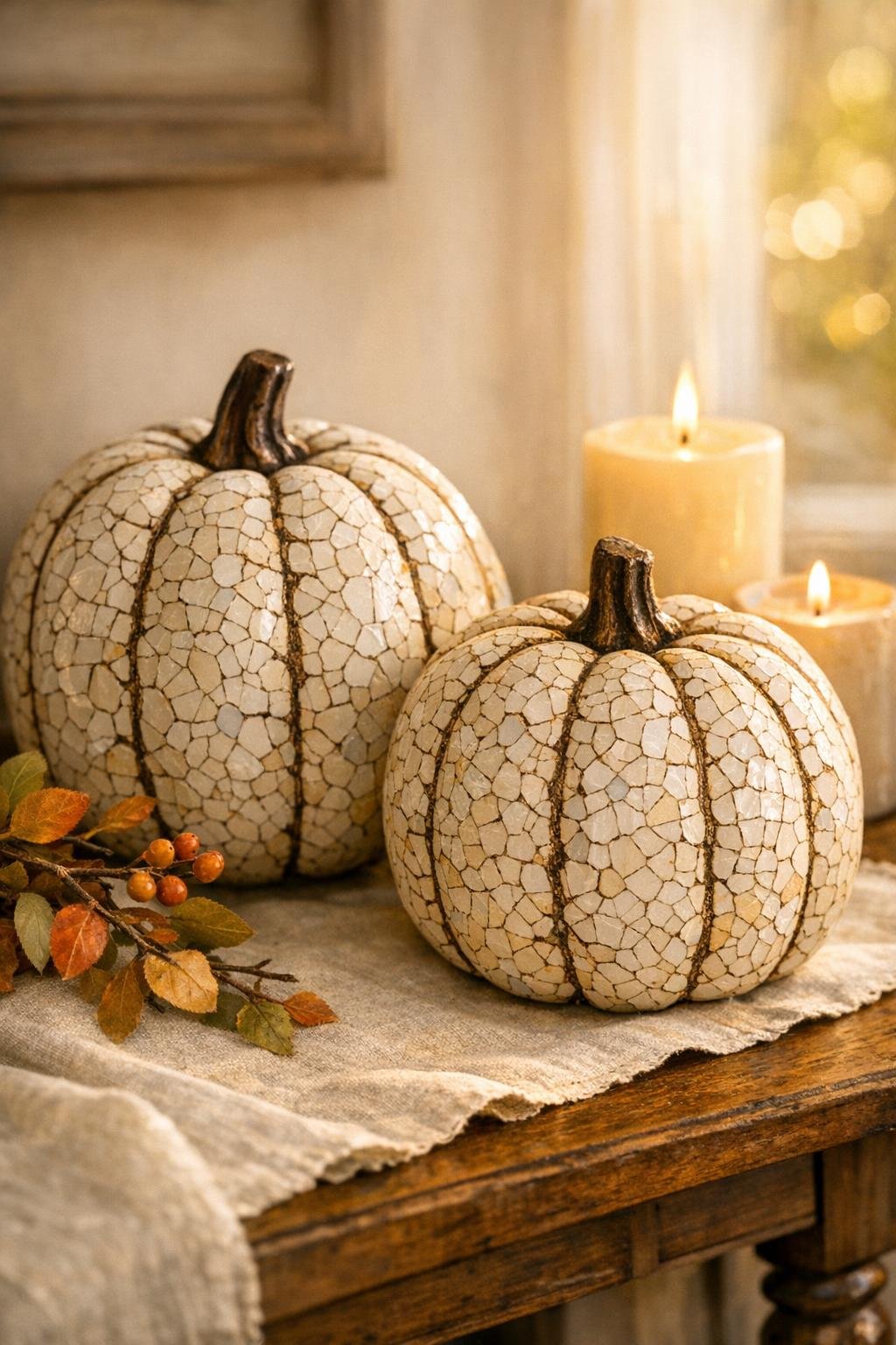 Finished crackled eggshell mosaic pumpkins displayed for fall decor