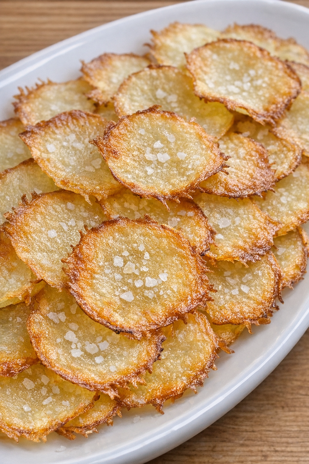 Ultra-thin golden potato crisps on a white platter