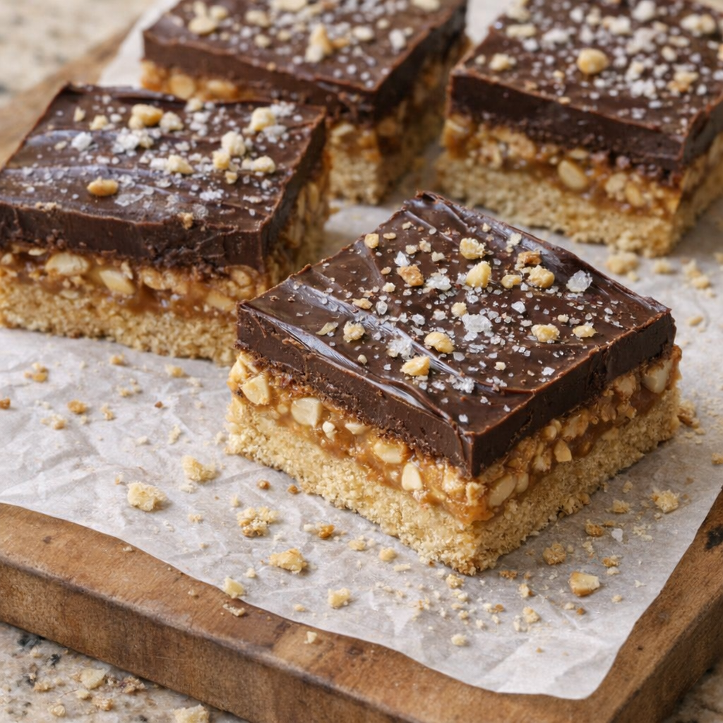Finished bars topped with chopped peanuts and flaky salt