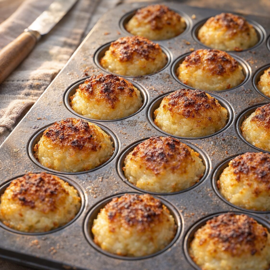 Freshly baked potato puffs cooling in the pan