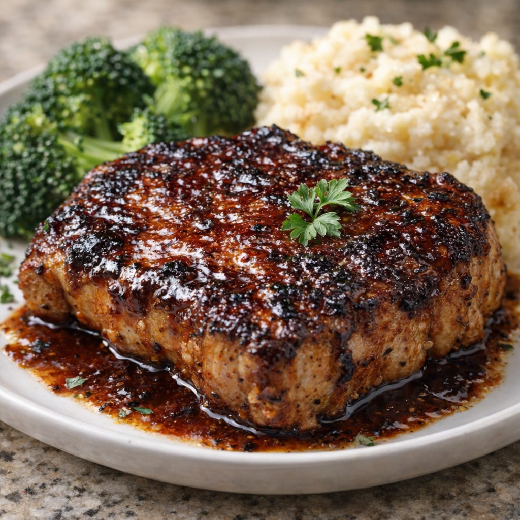 Freshly baked pork chops with glossy barbecue glaze