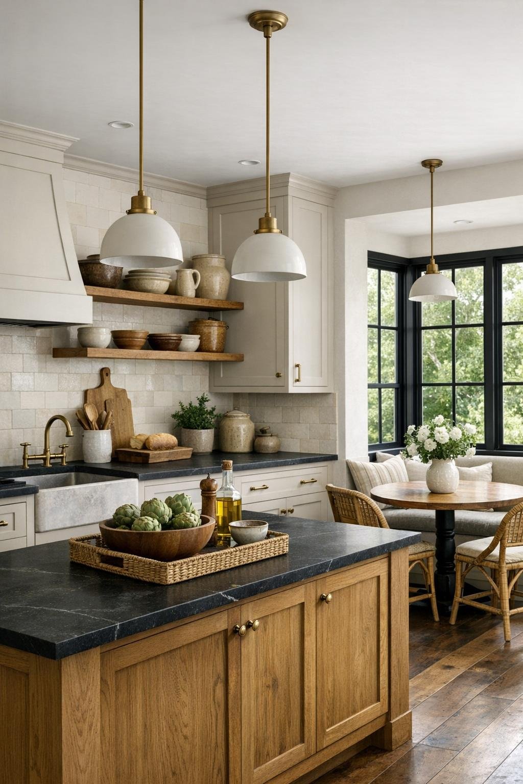 Elegant farmhouse kitchen with mushroom-white cabinets, soapstone counters, and a warm oak island