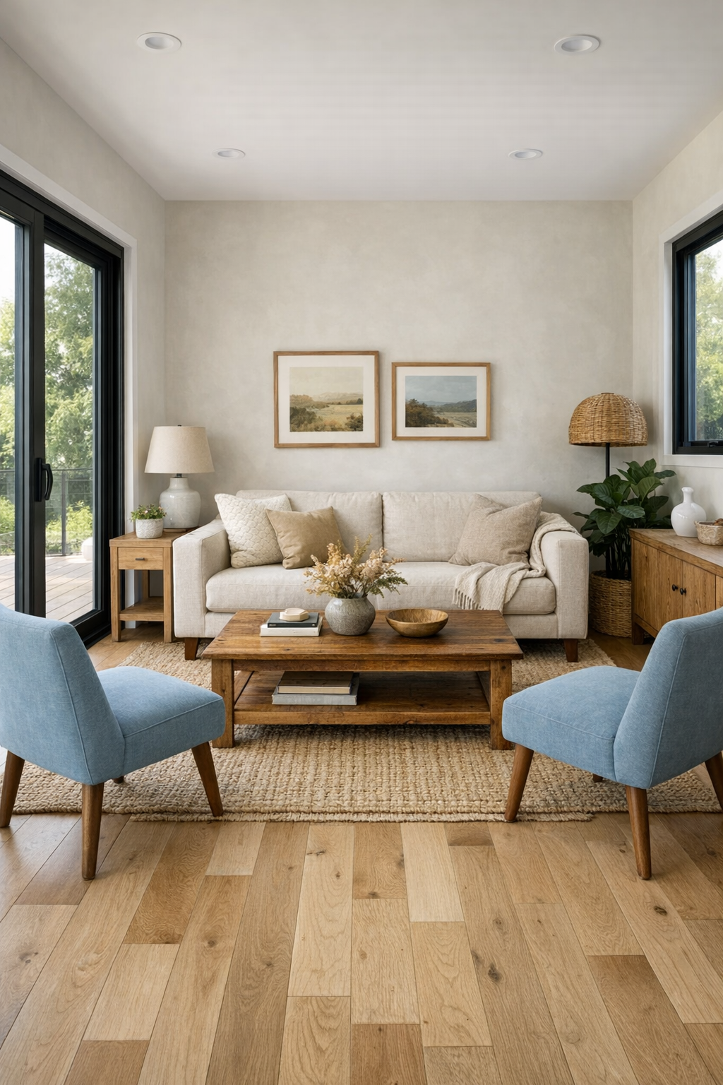 Bright living room with oak floors, linen seating, and black-trimmed windows