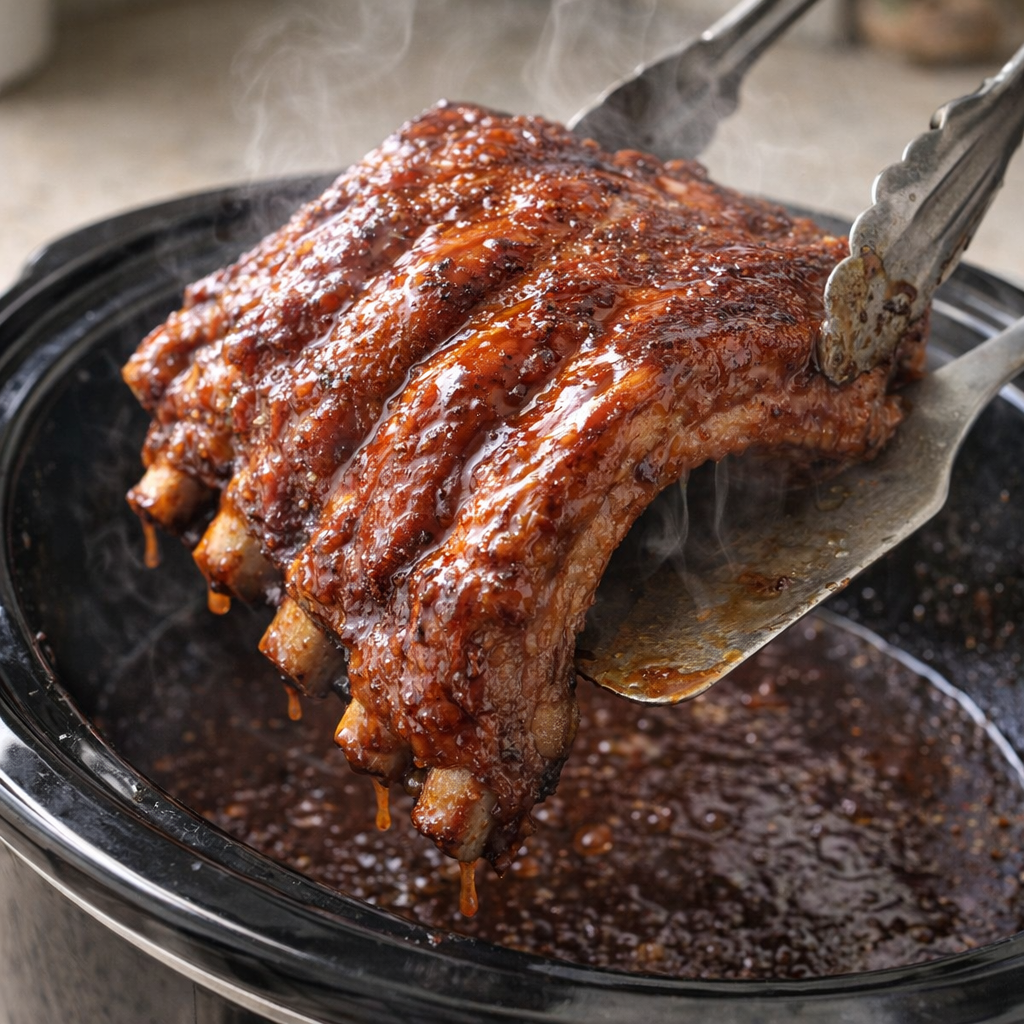 Tender ribs lifted from the slow cooker
