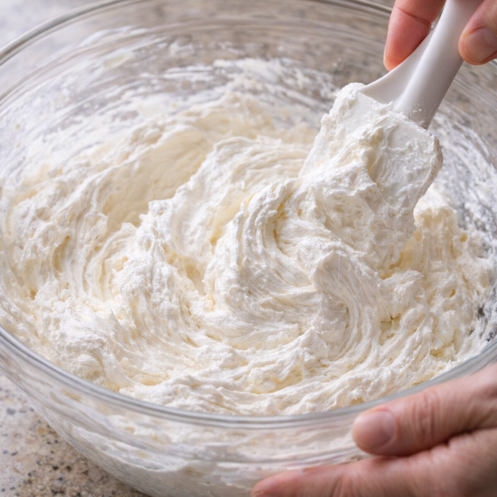 Cream cheese mixture being folded with whipped topping