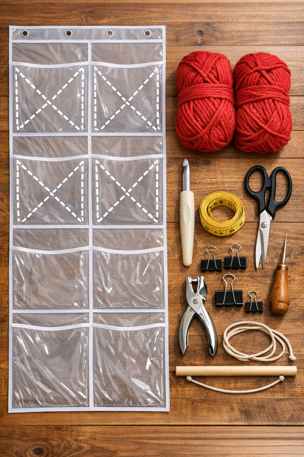Materials for a crocheted wall pocket organizer laid out on a table