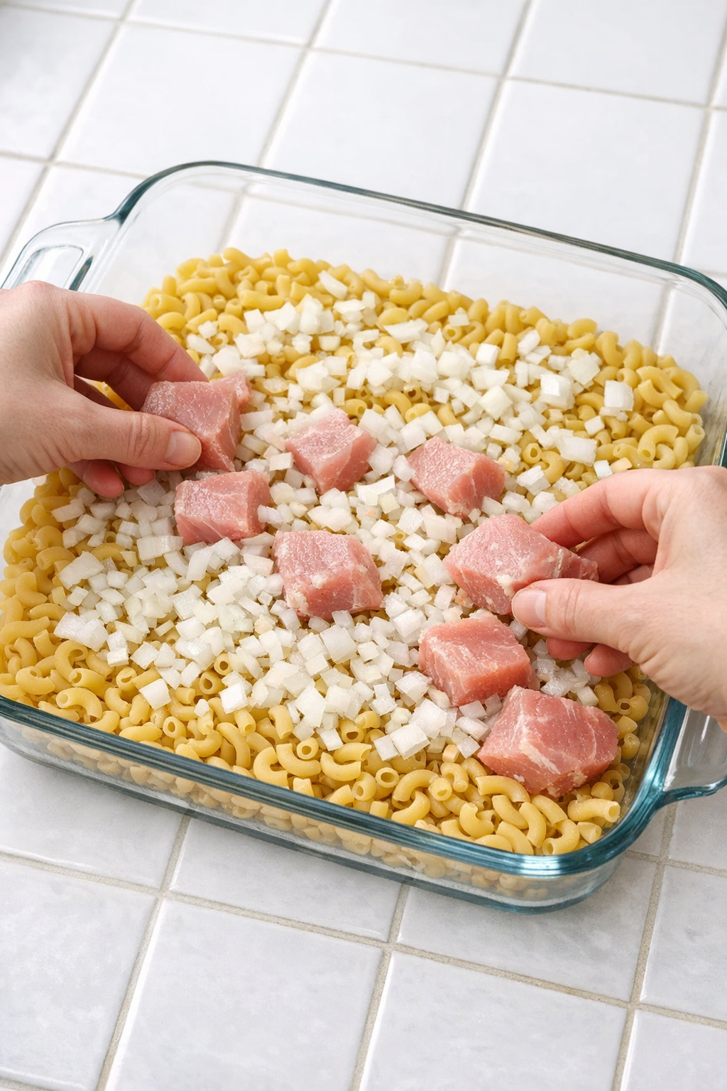 Dry elbow macaroni and chopped onion layered in a glass casserole dish