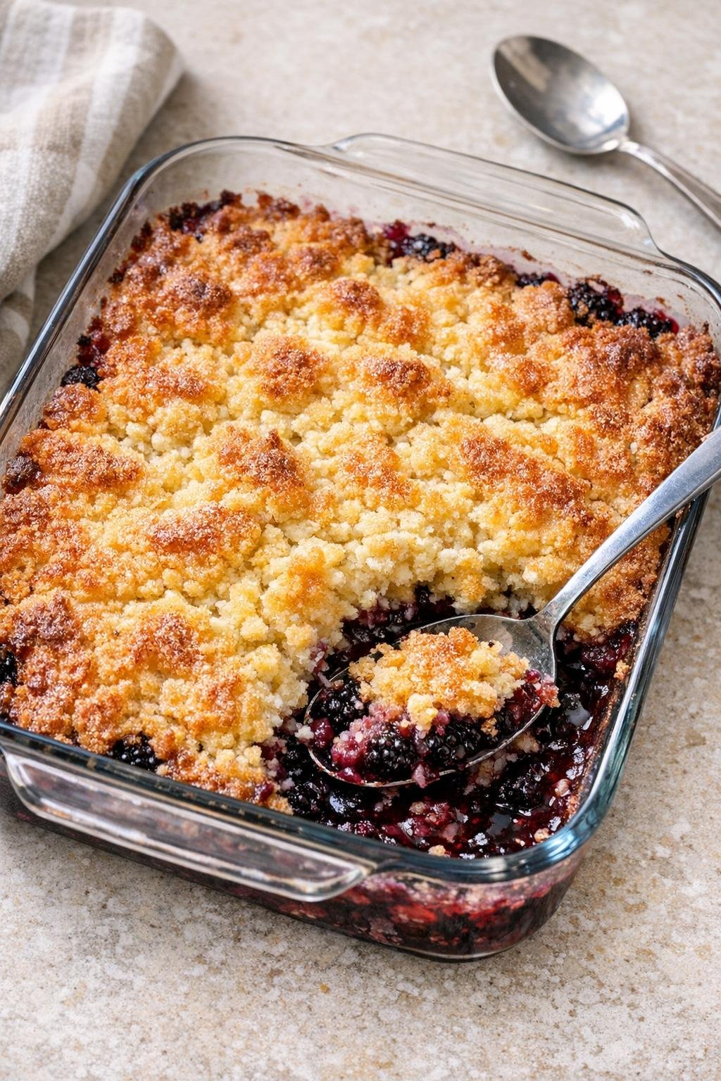 Baked blackberry crunch in a casserole dish with golden cake topping