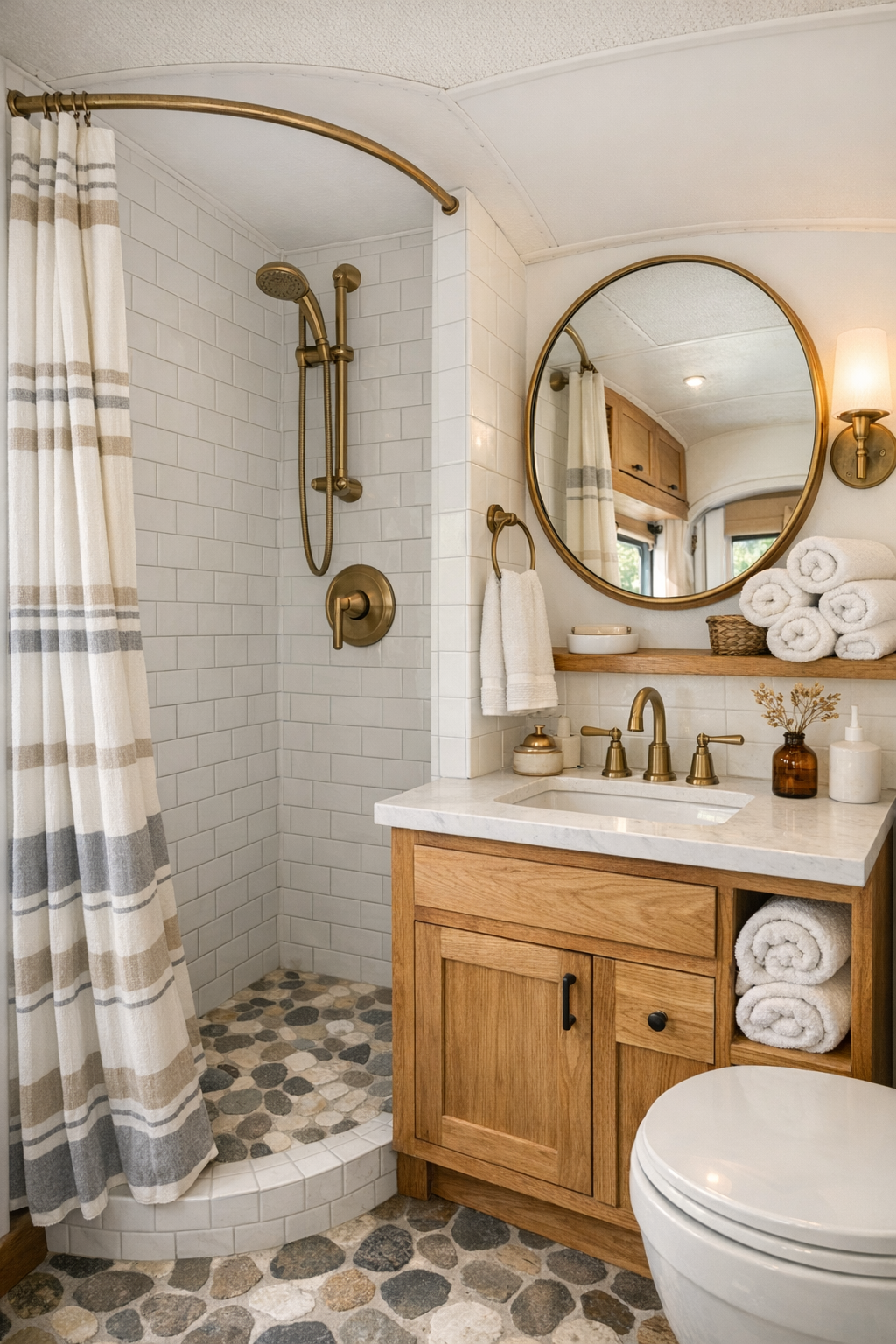Bright compact bathroom with tiled shower and oak vanity inside a converted bus