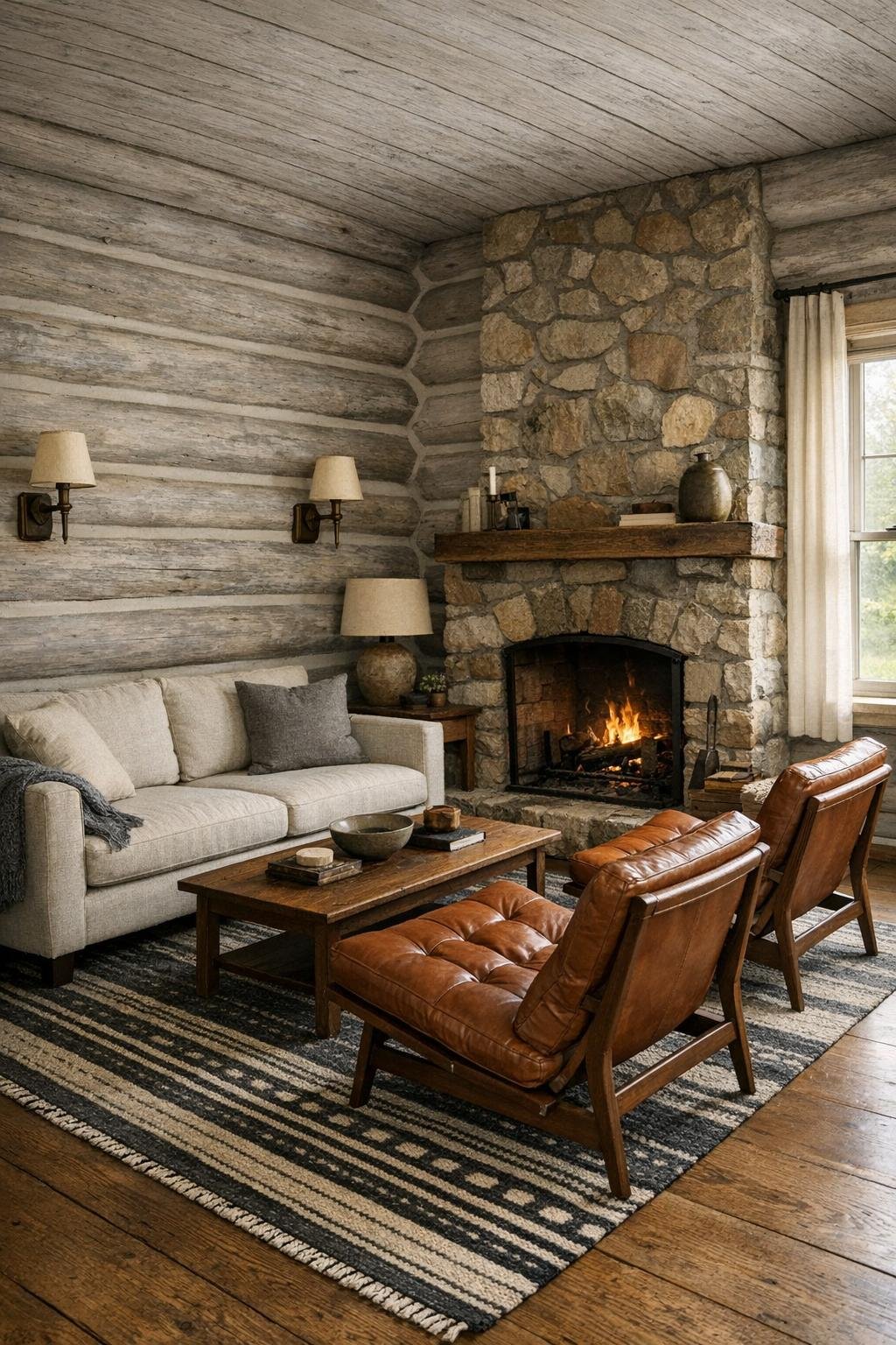 Living room with lime-washed log walls, stone fireplace, oatmeal linen sofa, and cognac leather chairs
