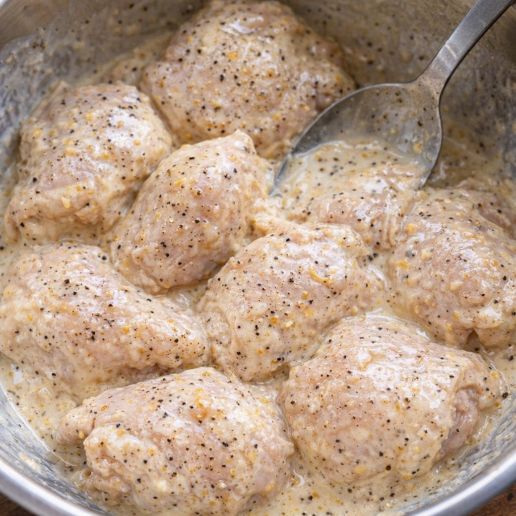 Chicken coated in creamy dressing and lemon pepper