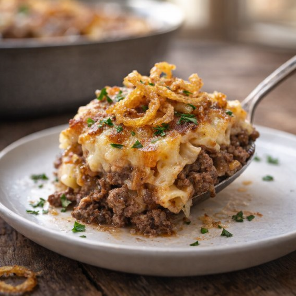 Served casserole portion on a supper plate