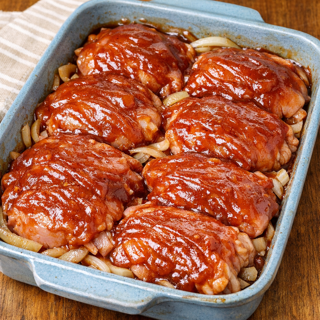 Savory ketchup and onion soup glaze spread over chicken