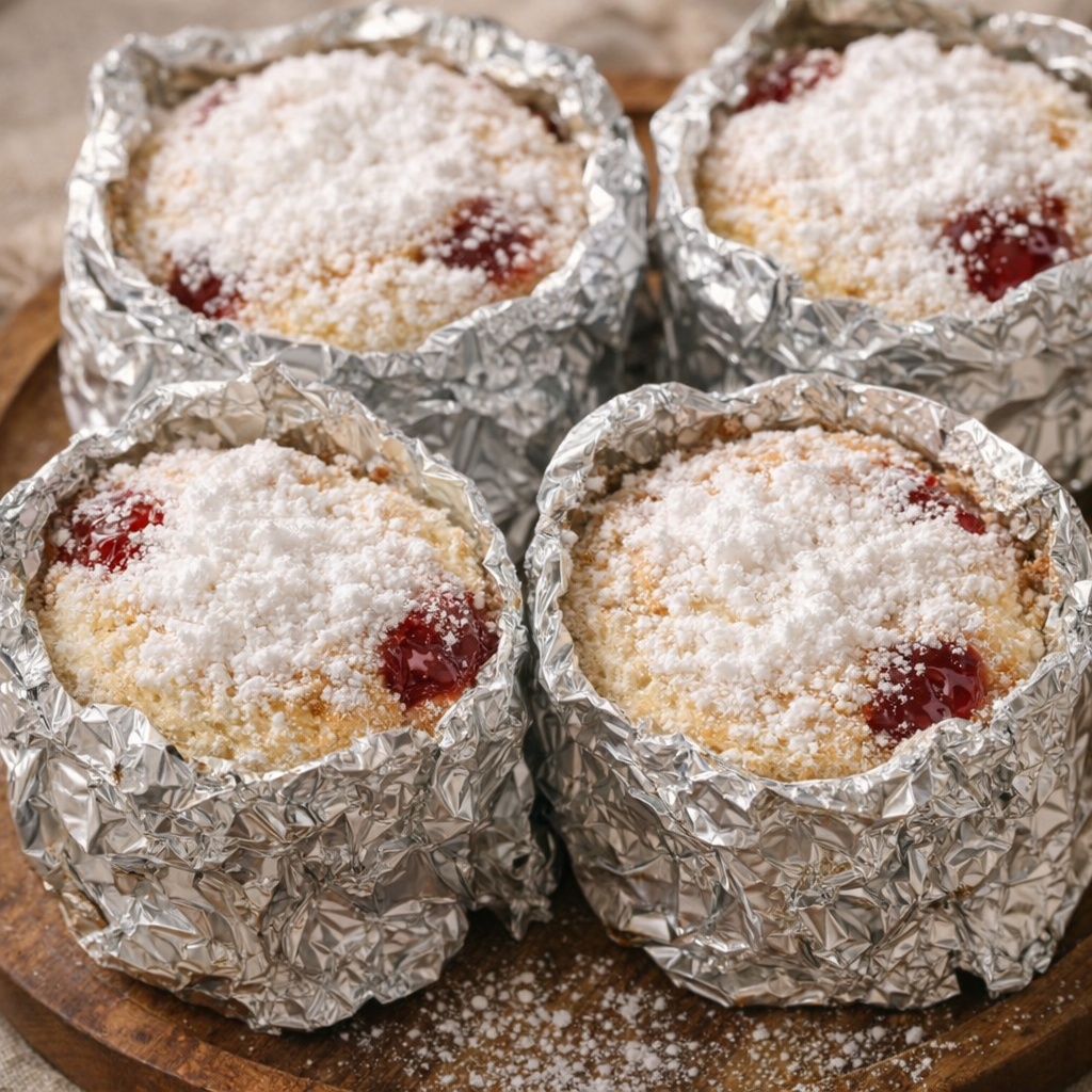 Finished angel food cakes dusted with powdered sugar in foil