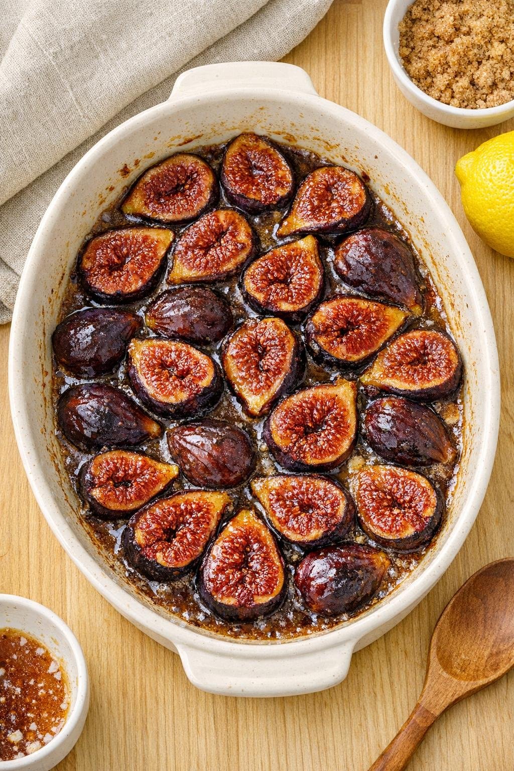 Baked fig dessert in a ceramic casserole dish