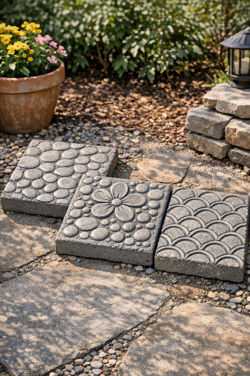 Three finished textured patio pavers arranged outdoors