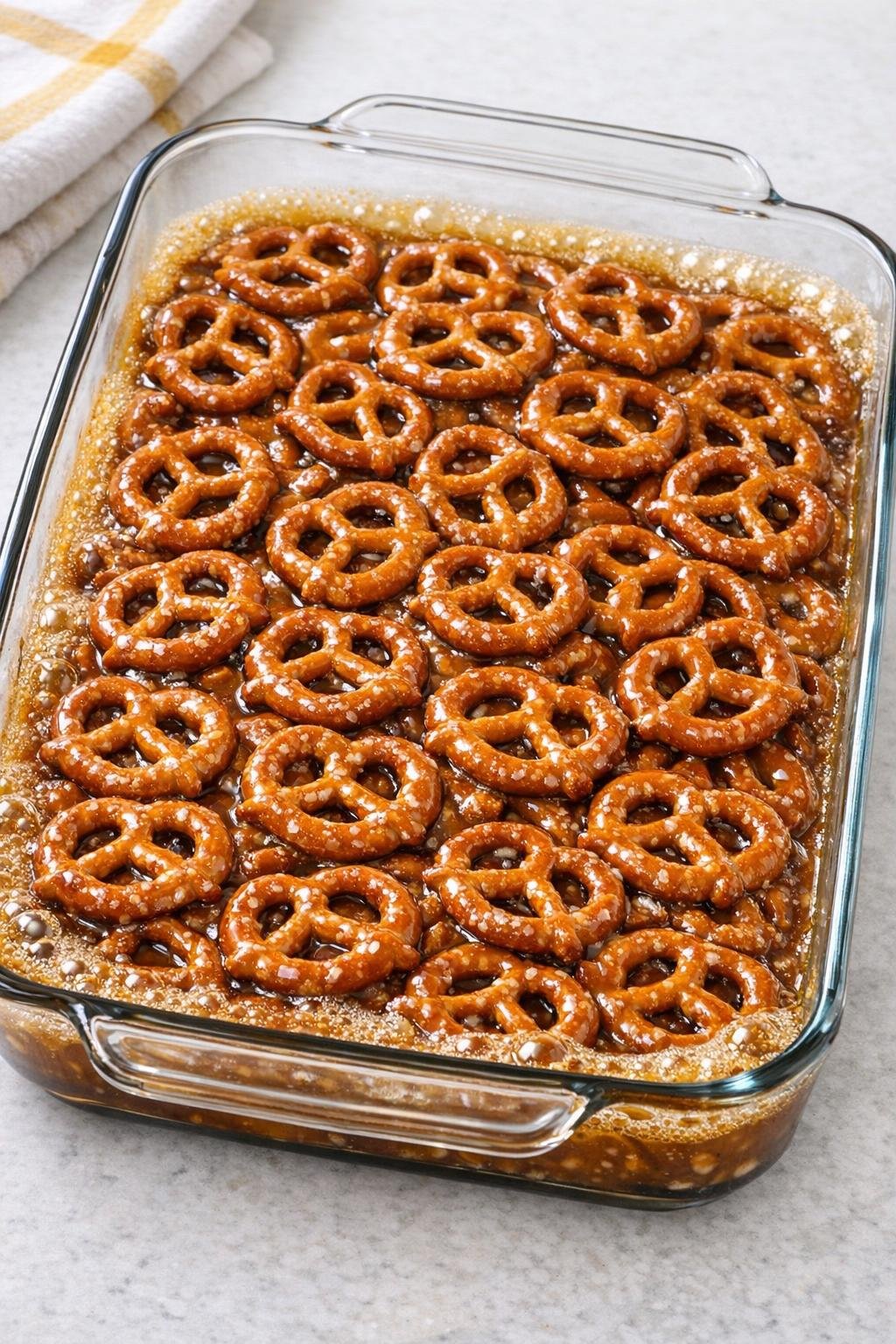 Warme, gebakken krakelingkaramellaag in een ovenschaal