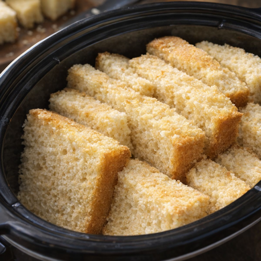 Sliced sponge cake arranged in slow cooker