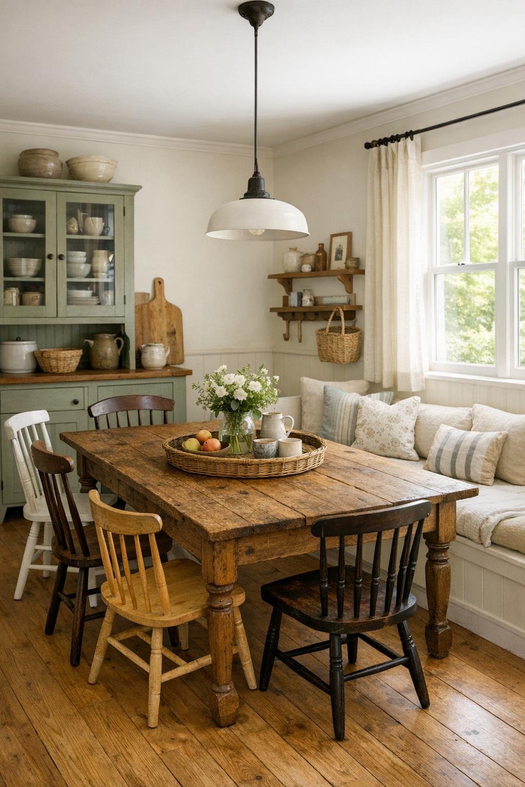 Warm dining area with a farmhouse table and mixed seating in the schoolhouse cottage