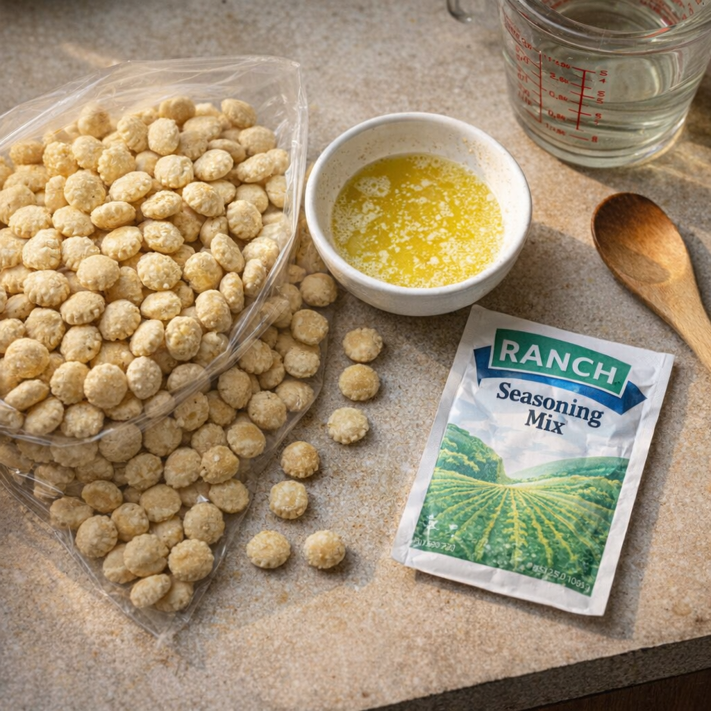 Simple ingredients for ranch oyster crackers laid out on a kitchen counter