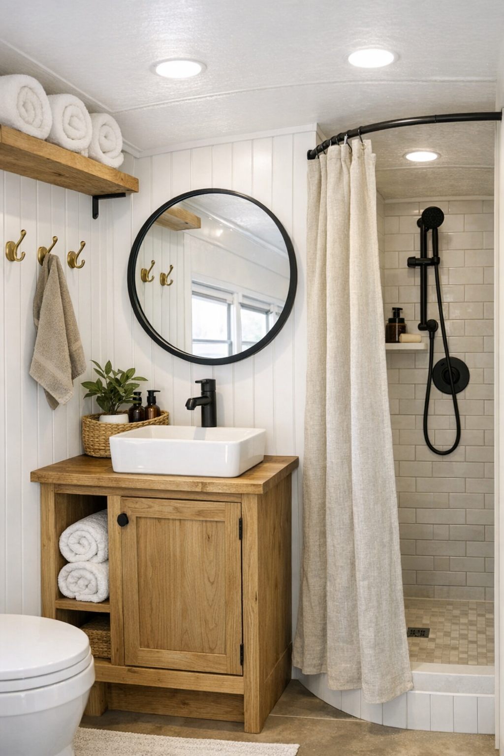 Bright compact bus bathroom with white paneling, light tile, and warm wood vanity