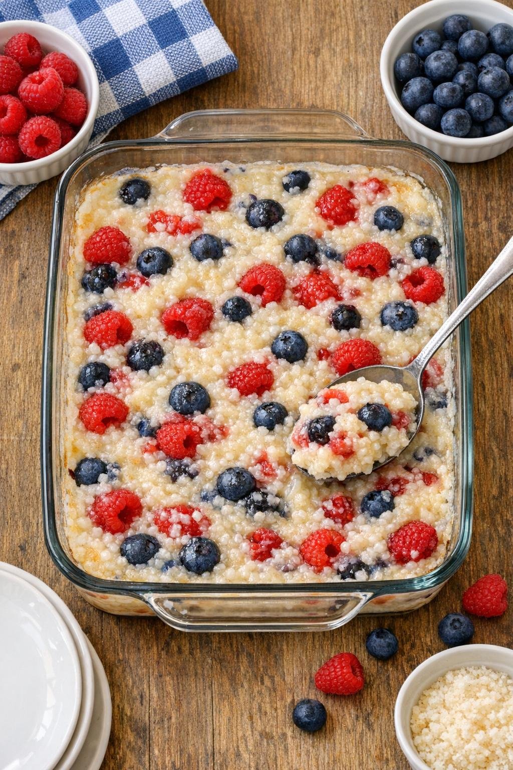 Finished baked patriot day tapioca dessert in a glass baking dish