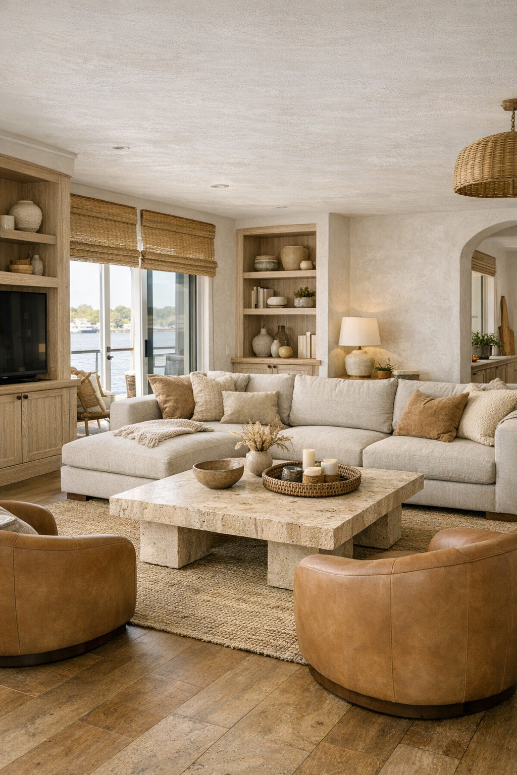 Mediterranean-inspired accessible living room with linen seating and warm wood finishes