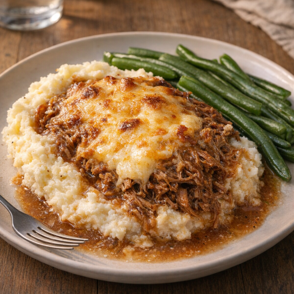 Casserole spooned over mashed potatoes with green beans