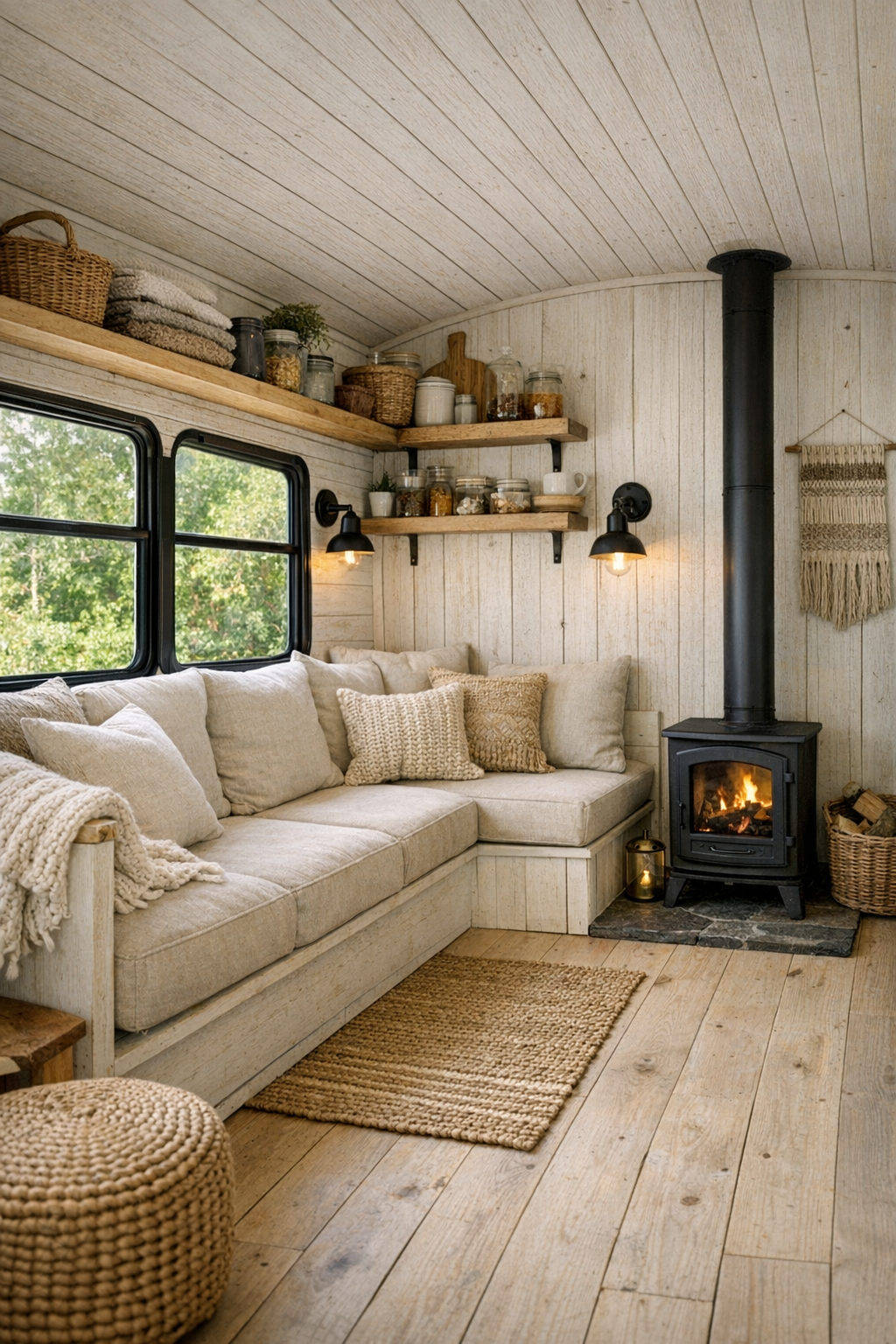 Converted bus living room with built-in bench seating and warm natural materials