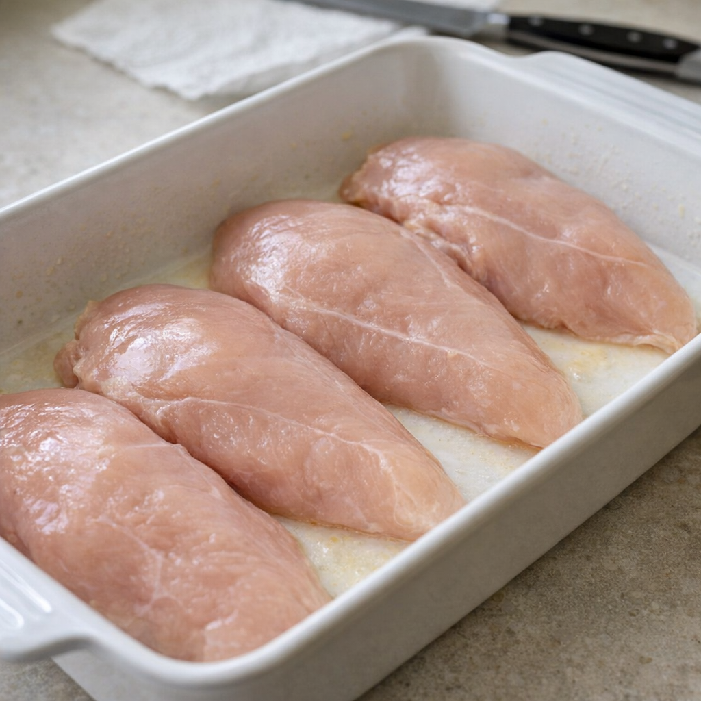 Raw chicken arranged in a white casserole dish before baking