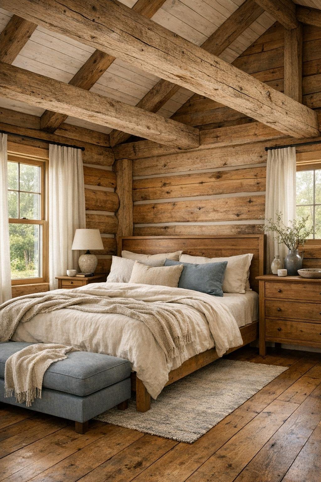 Serene rustic bedroom with exposed beams, layered linens, and soft natural tones