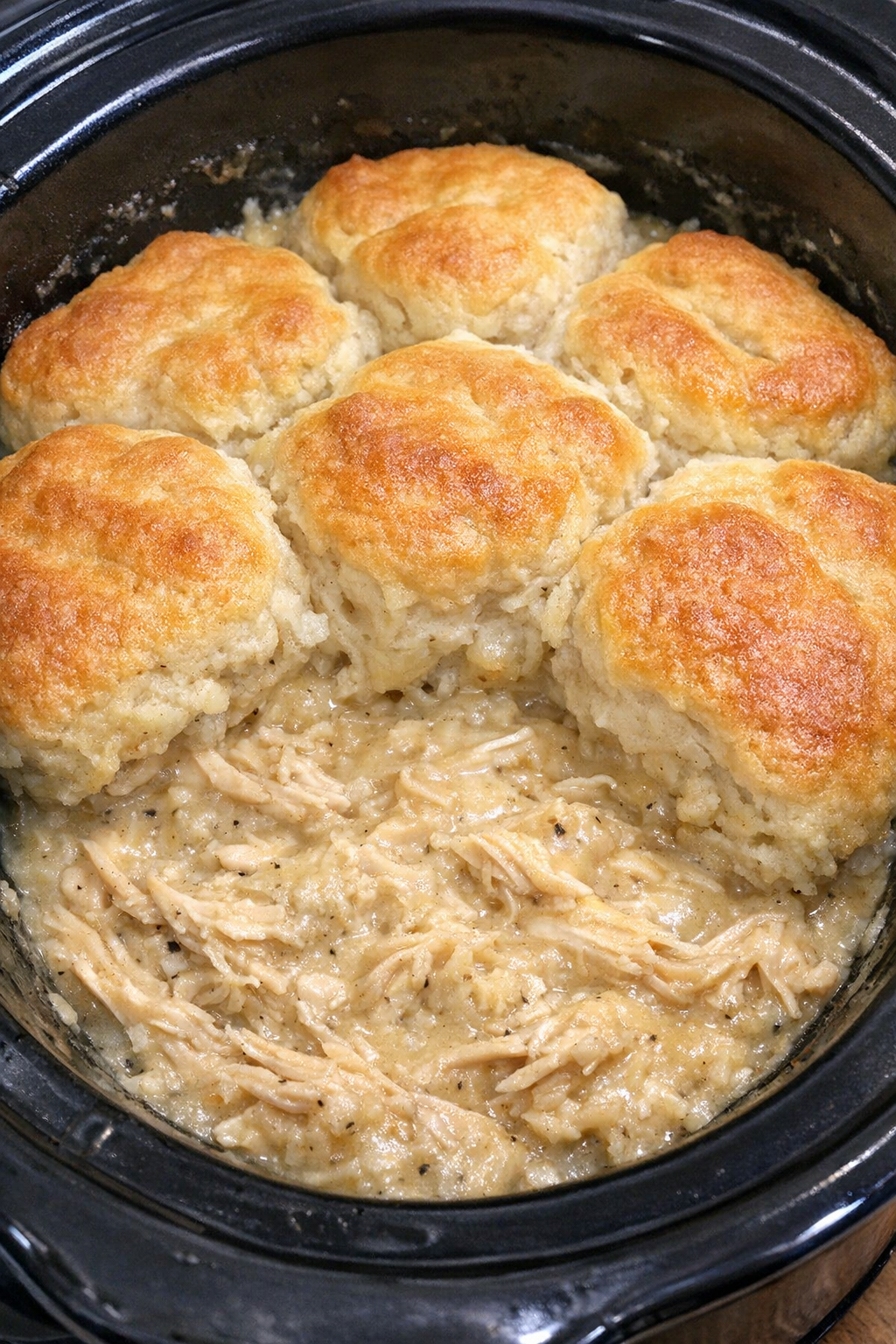 Slow cooker Amish chicken and biscuits in a black slow cooker