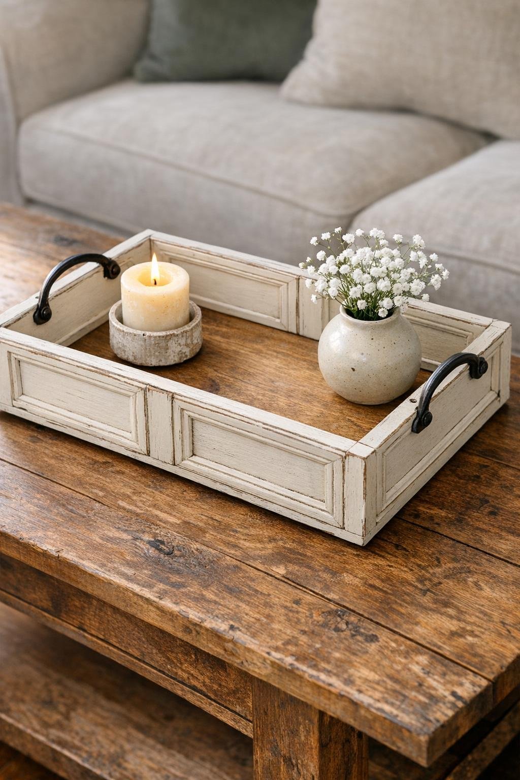 Finished rustic picture frame tray made from old cabinet doors