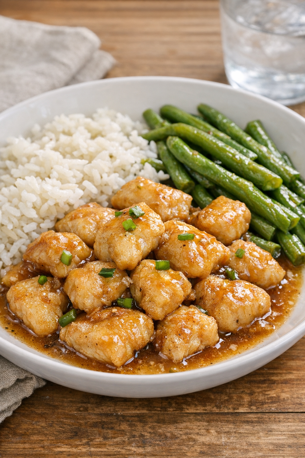 Finished slow cooker catfish nuggets plated with sauce