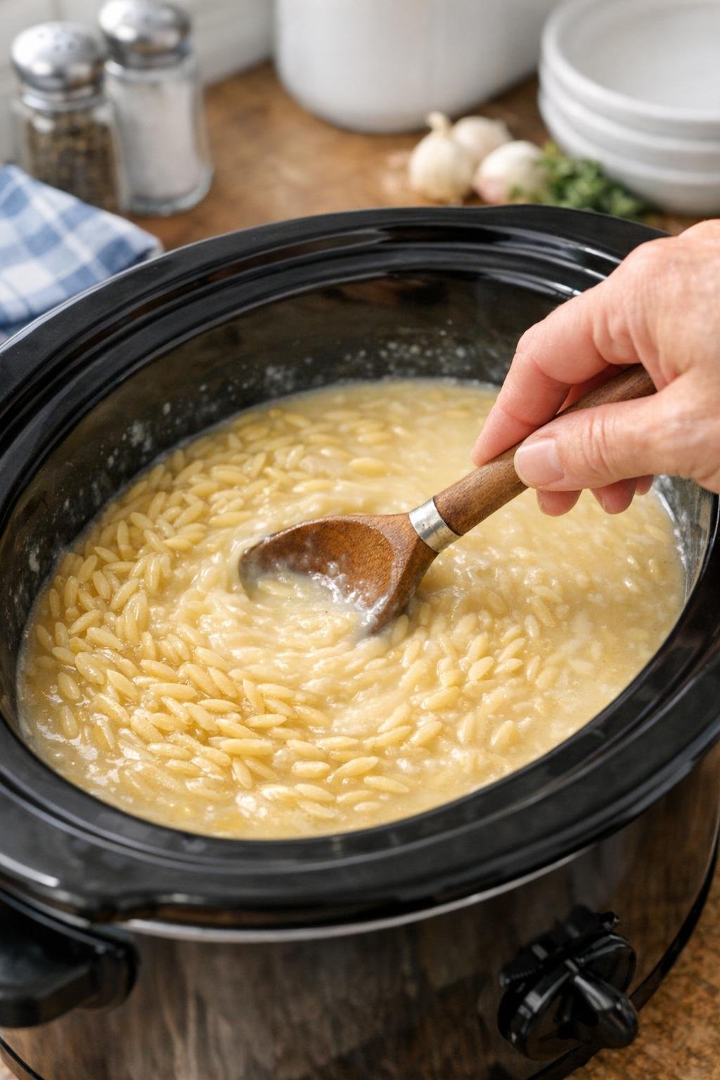 Romig bouillonmengsel geroerd in een slowcooker.